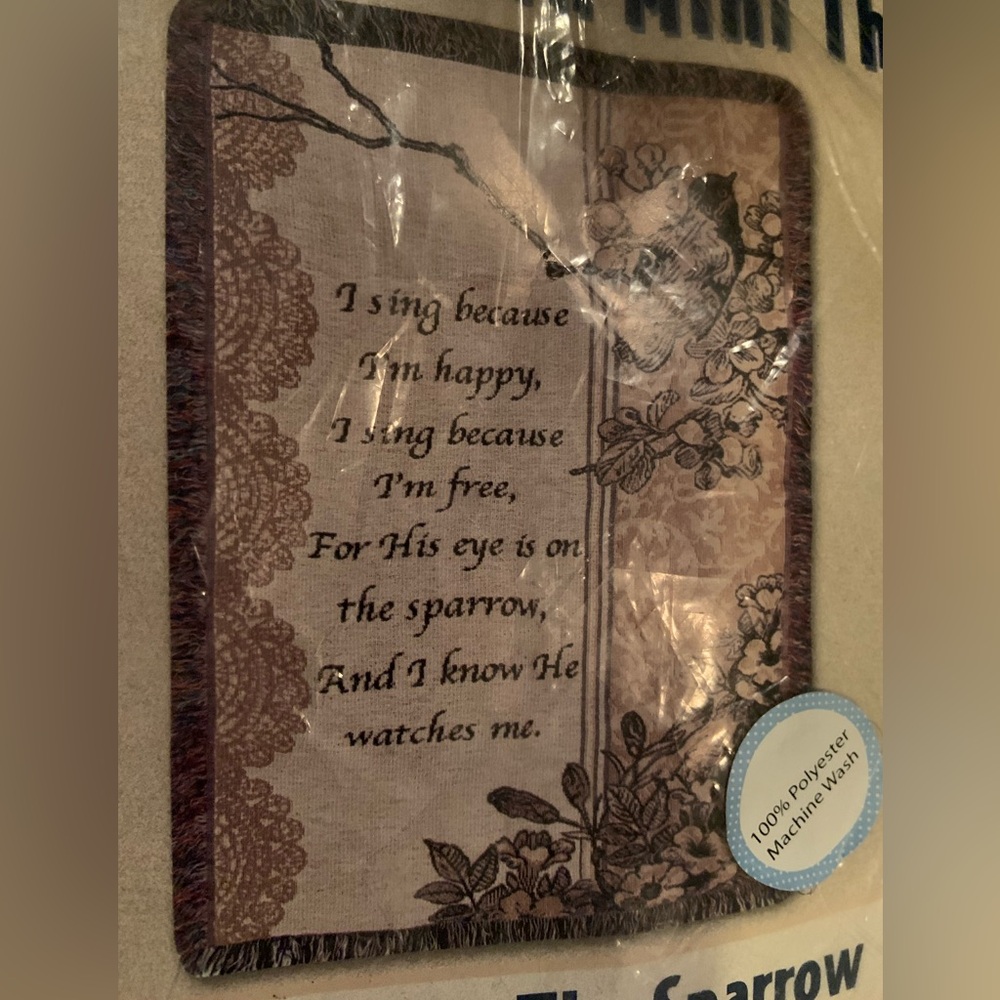 NIP Manual Woodworkers Woven Mini Tapestry Throw His Eye Is On The Sparrow
